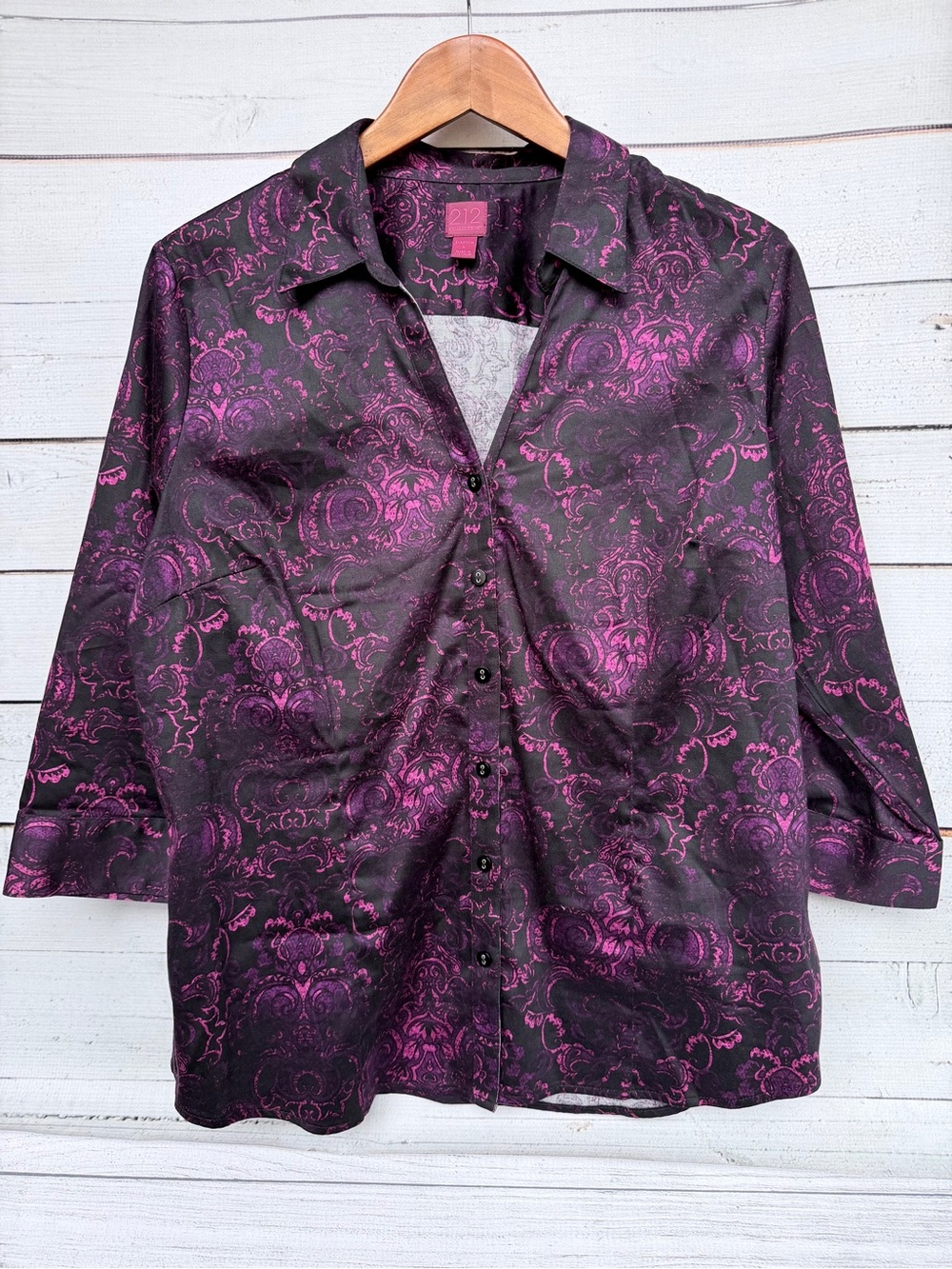 212 Collection Damascus Pattern Stretch Button Down Blouse - Size Large